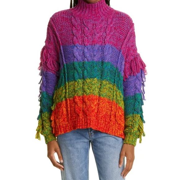 Farm Rio Multicolor Striped Yarn Fringe Turtleneck Sweater Womens Medium - Picture 1 of 10